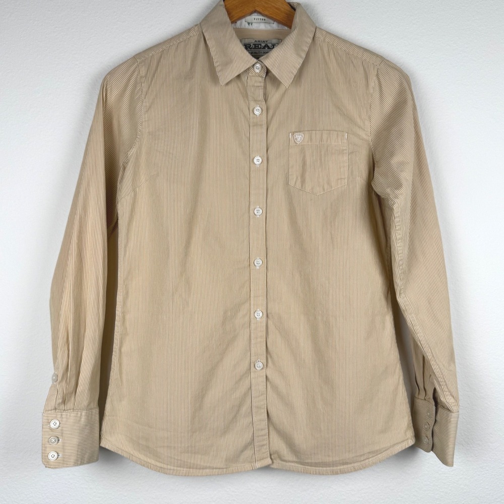 Ariat REAL Button Down Shirt Womens Medium Tan Pinstripe Good Western Casual